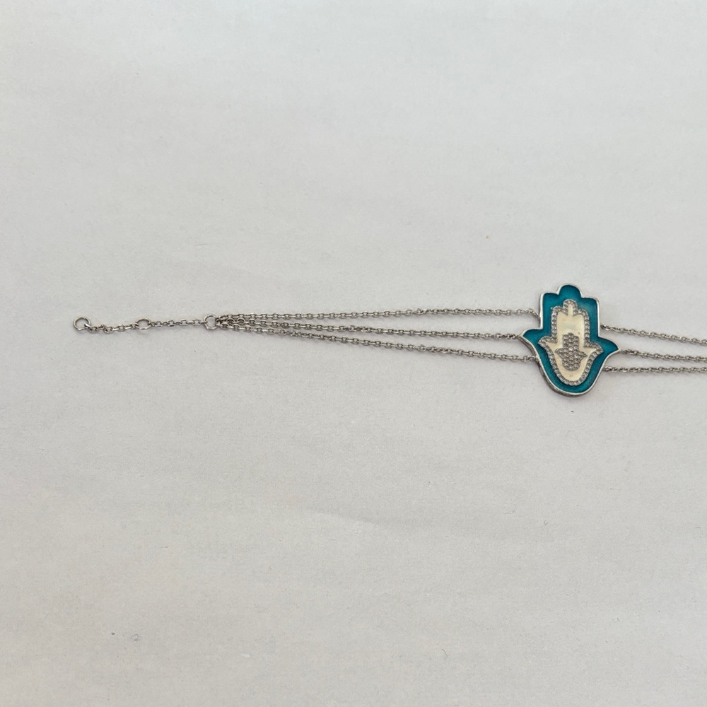 925 Silver crystal Blue Hamsa Charm 3 strand lobster claw bracelet - Picture 10 of 14